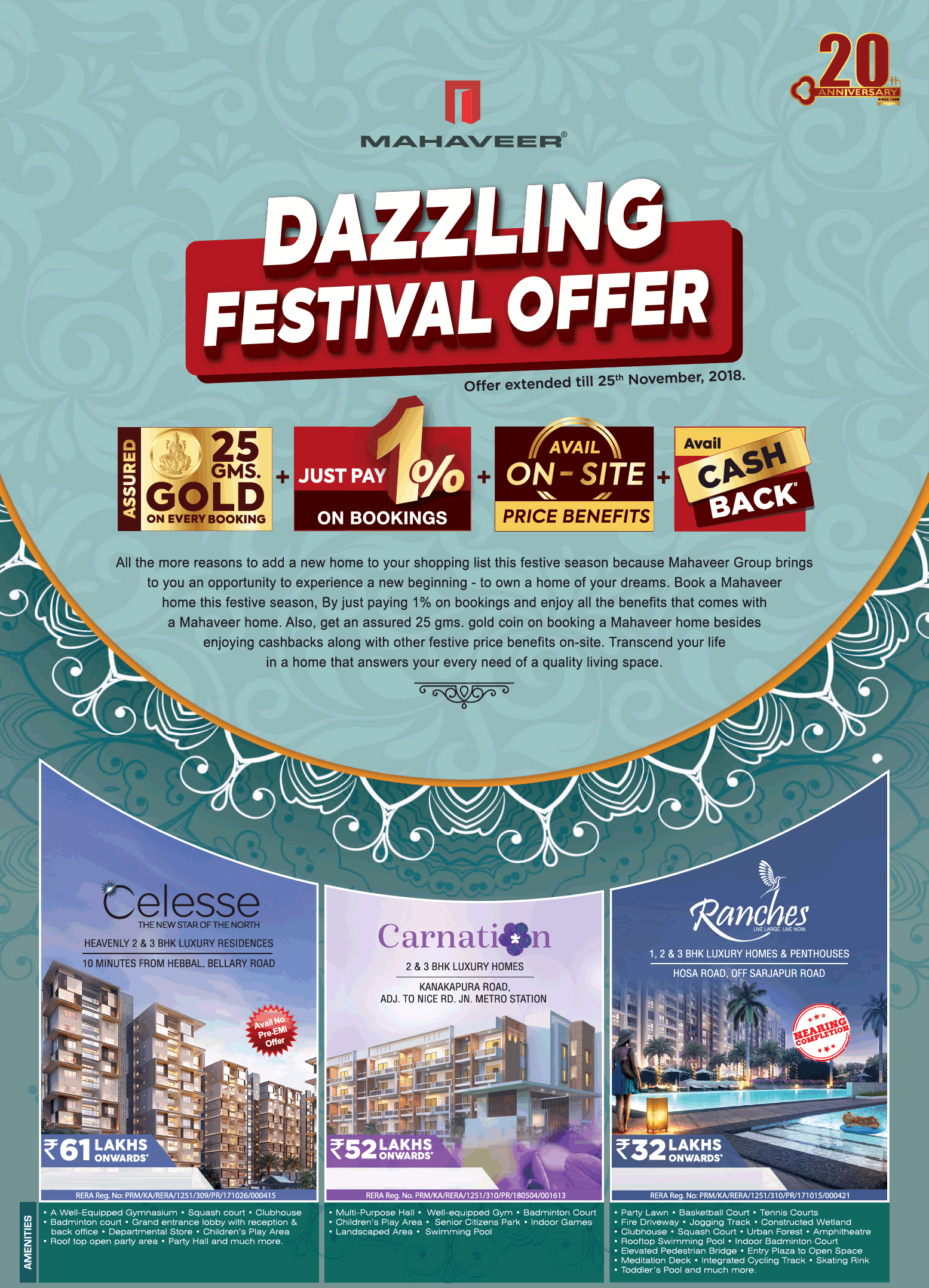 Get assured 24 grams gold on every booking at Mahaveer Projects in Bangalore